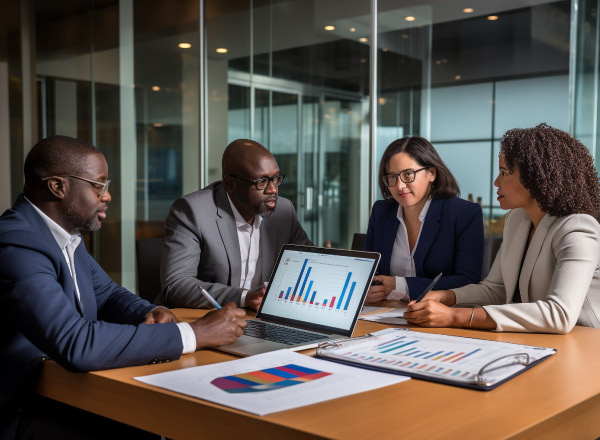 LuminCore Consulting's finance experts engaged in a meticulous financial audit in their well-equipped office in Accra, Ghana. Offering tailored financial management and audit services, our team ensures compliance, financial stability, and transparency for businesses operating across the African continent.